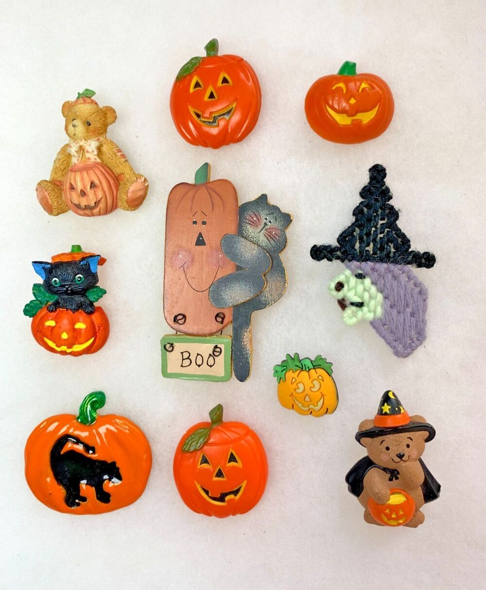 Vintage Halloween Jewelry Lot 10 Pc Pumpkin Witch Cat Bear Brooch Button Cover